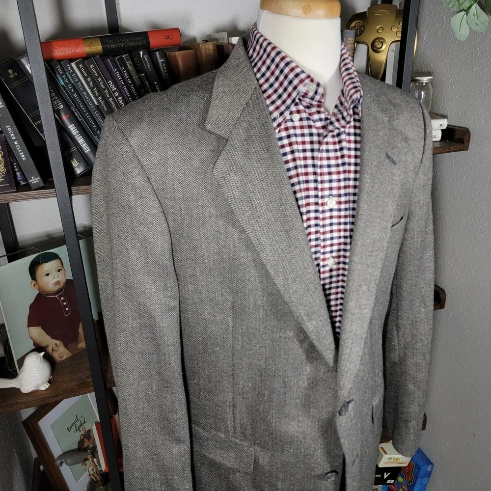 Town Craft Mens Sport Coat Blazer Two Button Gray Herringbone Silk Poly Wool 43L